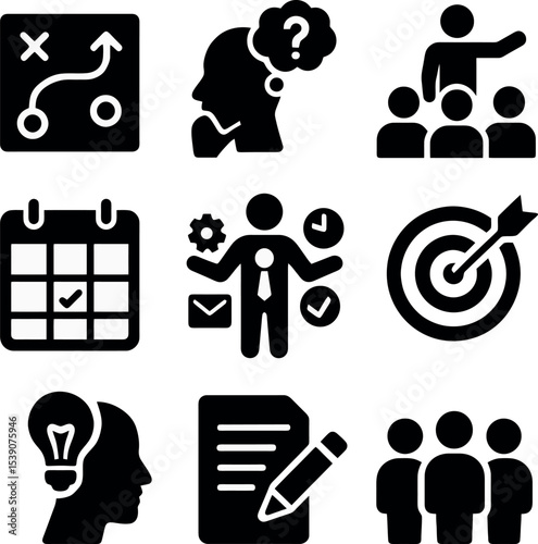 Black icons for task management, goal setting, strategic thinking, planning, and team coordination.