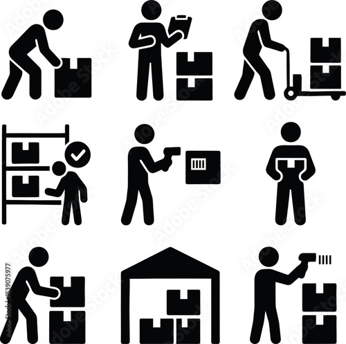 Pictogram icons of warehouse workers managing inventory, scanning barcodes, and handling boxes.
