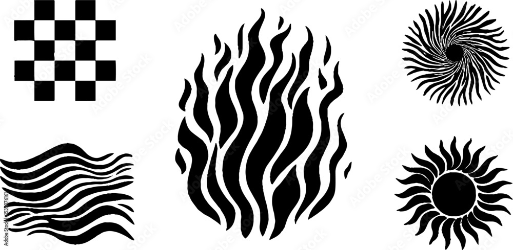 Fototapeta premium Abstract checker tile, rosette, and stylized flame design for decorative art