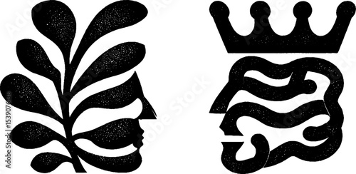 Abstract face profiles with rose and crown elements for creative design