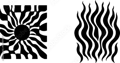 Abstract geometric patterns with checker tile and stylized flame elements