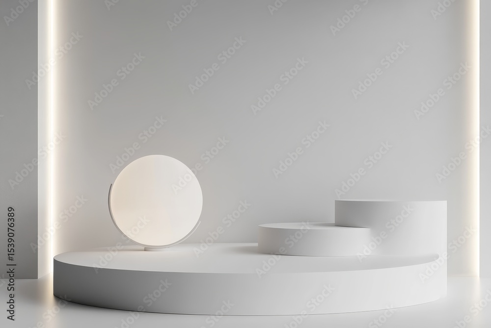 Fototapeta premium Stylish white podium with round lamp perfect for showcasing products in a minimalist setting, white podium with round lamp for display product