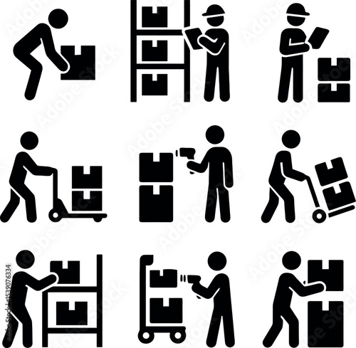 Black pictogram icons of warehouse workers scanning, organizing and transporting packages and inventory.