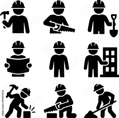 Black icons of construction workers using tools, reading plans and working at building sites.