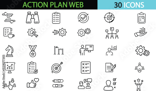 Action plan set of web icons in line style. Strategy action planning icons for web and mobile app. Containing strategy, analysis, planning, strategy, analysis vector illustration