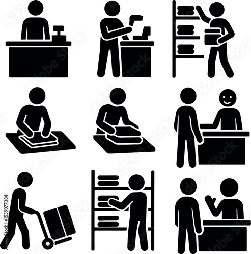 Black icons of clothing store workers folding, organizing and attending customers.