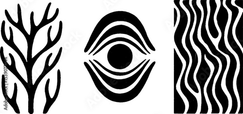 Abstract nature elements featuring deer antlers, forest path, and eye spot design