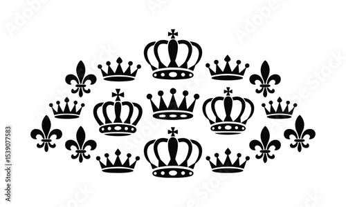 Vector illustration featuring an elegant collection of black royal crowns and fleur-de-lis symbols, Incorporate various symmetrical and asymmetrical crown designs, easily editable and scalable.