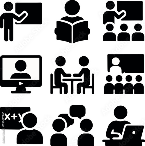 Icons of learning and teaching, including teachers, students, online classes, books and tutoring. Education, digital learning and classroom concepts.