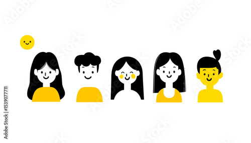 Smiling Faces: A group of diverse, smiling individuals with friendly expressions, symbolizing joy and happiness. Simple design, ideal for conveying positivity and connection.