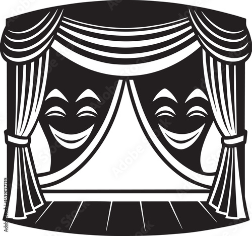 Minimalist Black and White Theater Stage with Curtains and Masks