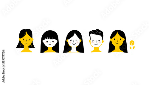 Happy Faces: A delightful series of cartoon character portraits, each a unique individual with a joyful expression and a vibrant glow.