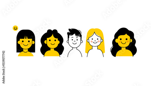Illustration of Delightful People: A set of cartoon characters with minimalist style radiates pure happiness, perfect for illustrating diverse concepts related to emotions.