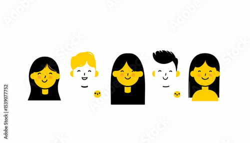 Smiling Faces: Group of Diverse Characters, Joyful Portraits Depicting Happiness and Friendliness.