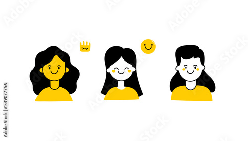 Happy Women Icons: Three cheerful female avatars, each with a unique expression of joy and happiness, embodying positivity and good vibes. Perfect for websites, social media, and app design.