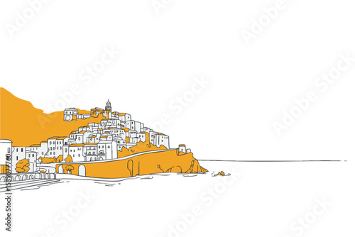 minimalist line drawing of Italian Amalfi coast. Summer travel illustration