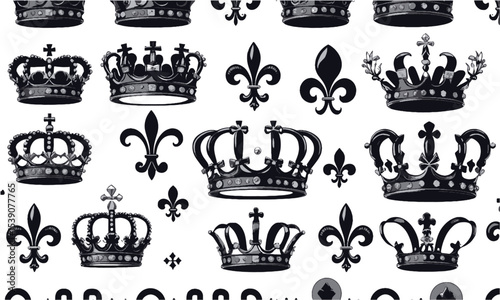 Vector illustration featuring an elegant collection of black royal crowns and fleur-de-lis symbols, Incorporate various symmetrical and asymmetrical crown designs, easily editable and scalable.
