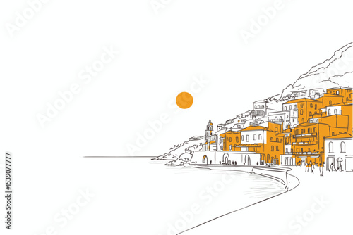 minimalist line drawing of Italian Amalfi coast. Summer travel illustration