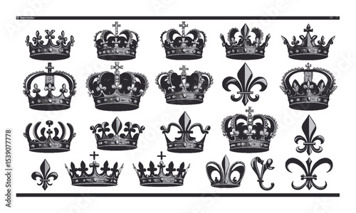 Vector illustration featuring an elegant collection of black royal crowns and fleur-de-lis symbols, Incorporate various symmetrical and asymmetrical crown designs, easily editable and scalable.