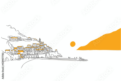 minimalist line drawing of Italian Amalfi coast. Summer travel illustration