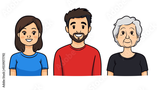 Family Portrait of Three: A warm and inviting illustration captures a family unit, depicting a woman, a man, and an older adult, each radiating a sense of connection and love.