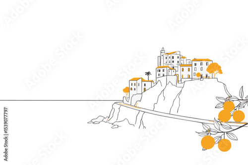 minimalist line drawing of Italian Amalfi coast. Summer travel illustration