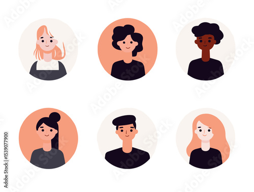 Diverse Portrait Collection: A set of six unique and stylish portraits, each framed within a circle. showcasse a range of distinct hairstyles and skin tones.