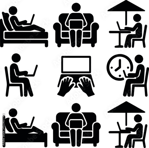 Freelancers working in various relaxed positions: bed, couch, outdoors. Emphasis on mobility, remote access and flexible online productivity.