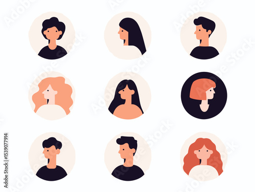 Diverse Avatar Collection: A collection of simplified avatars representing a variety of individuals, showcasing different hairstyles and facial features within circular frames.