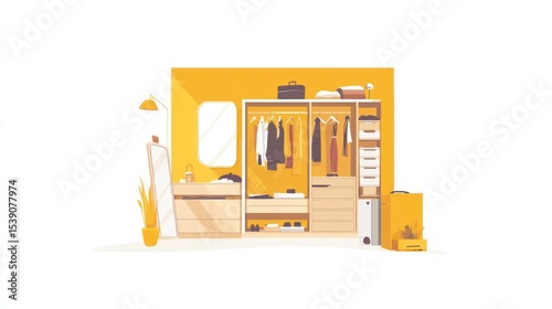 Bright vector illustration of a closet with clothing and personal belongings
