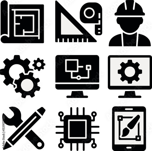 Black vector icons representing engineering, architectural planning, mechanical design and digital tools for technical drawing and innovation projects.