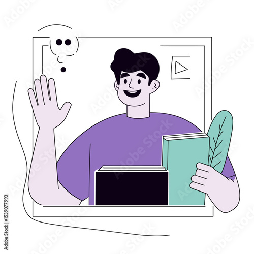 Online Educator in Action: A cheerful educator enthusiastically holds books and waves from a digital screen, embodying modern education and the joy of online learning.