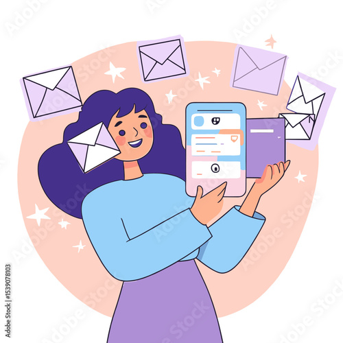 Digital Communication: A smiling woman, surrounded by floating envelopes, interacts with a mobile device, symbolizing email and digital communication. 
