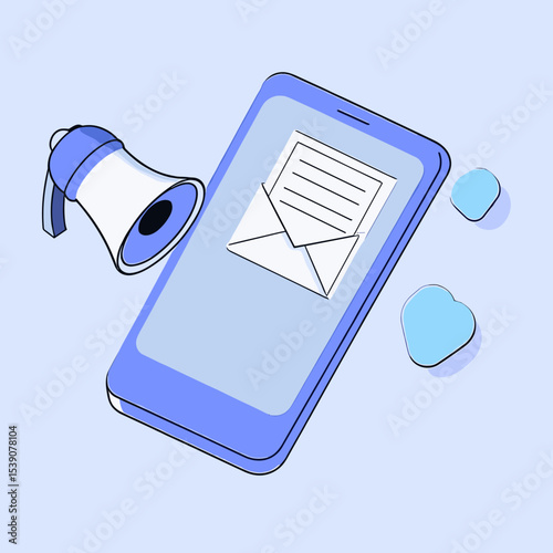 Digital Communication Amplified: An eye-level view of a sleek smartphone featuring a mail icon and a megaphone, symbolizing digital communication, broadcasting, and modern information exchange. 