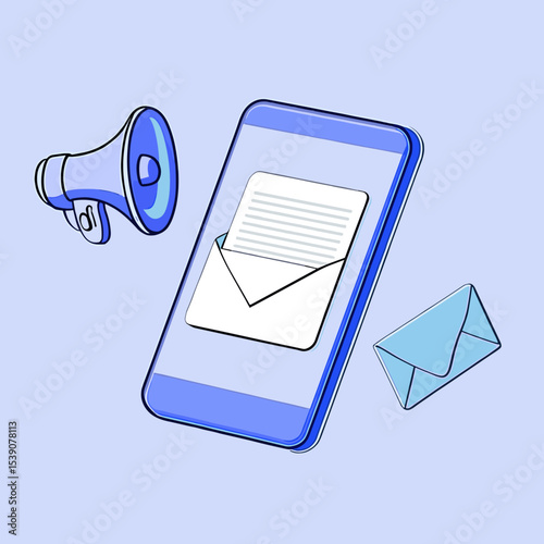 Digital Communication: A visual representation of digital communication, featuring a smartphone displaying an email, complemented by a megaphone for announcements.