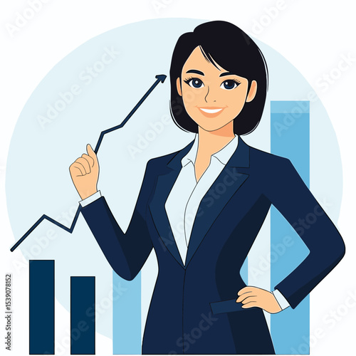 Empowered Ascent: A confident businesswoman gazes directly at the viewer, arm gesturing towards a rising graph, her posture exuding authority and strategic vision.