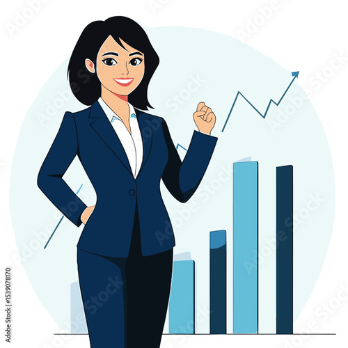 Confident Businesswoman and Growth: A determined businesswoman stands with confidence next to a rising graph, symbolizing growth and success in the business realm. She embodies ambition.