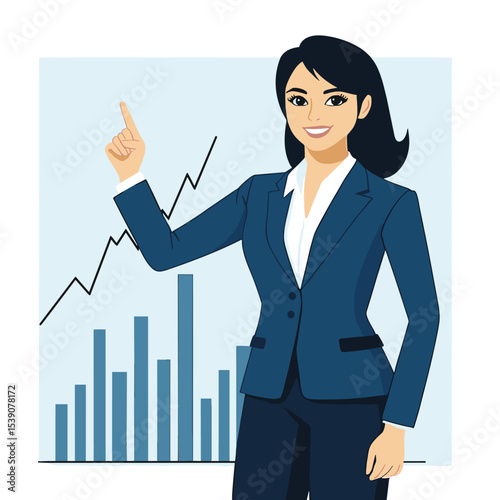 Businesswoman Presentation: Confident businesswoman, dressed in a professional suit, points upwards with enthusiasm, a graph of progress in the background.