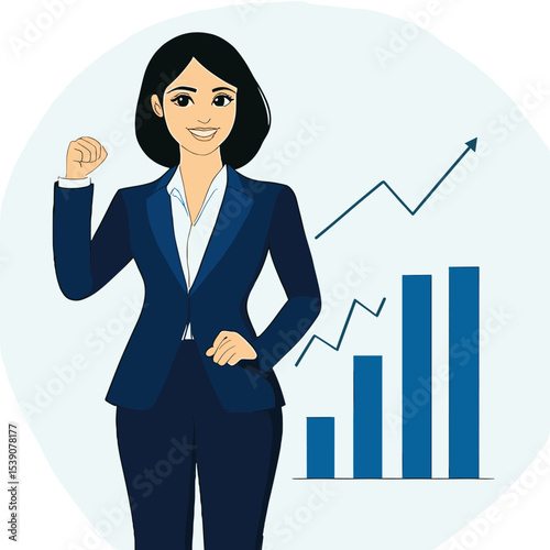 Female Business Professional: A determined female business professional stands confidently beside a rising graph, signifying growth and achievement in a vibrant, modern setting.