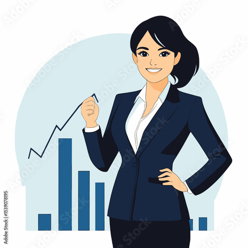 Visionary Entrepreneur: A confident business woman stands proudly before a dynamic graph, symbolizing growth and progress, in this inspiring portrayal of ambition and innovation.