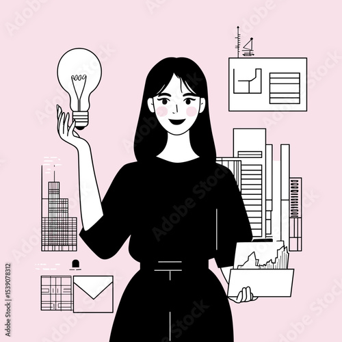 Visionary Entrepreneur: An illustrated female figure embodies the spirit of innovation, holding a light bulb as she visualizes a new vision and strategy in business.