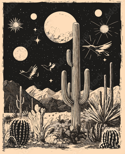 Desert Night Serenity: A monochromatic artwork depicts a serene desert landscape under a starlit night sky, with towering cacti, soaring birds, and distant mountains.