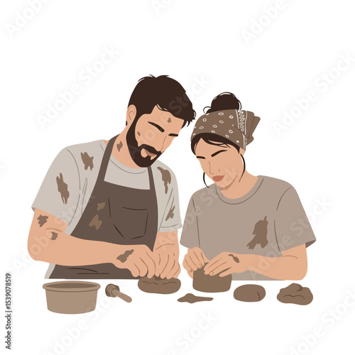 Flat Illustration Loving Couple Sculpting Pottery Clay Together Art Activity