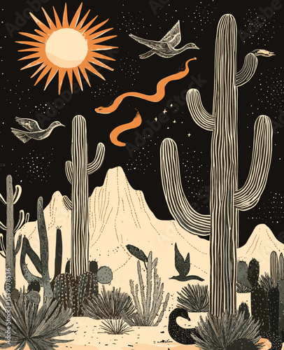 Desert Night Reverie: A captivating illustration showcases a moonlit desert scene, featuring majestic cactus silhouettes under a starry sky, inviting a sense of wonder.