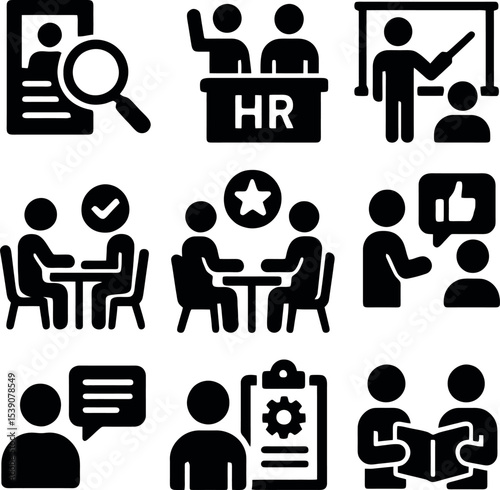 Human resources icon set showing interviews, resume checks, rating system and professional selection process in black style.