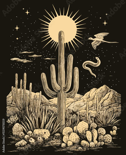 Desert night etching: The vibrant illustration in the wild desert environment features a tall cactus, a flying bird, and a snake with a stunning night scene.