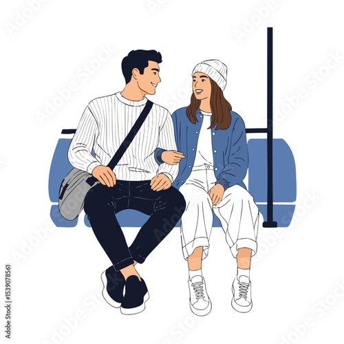 Minimalist Line Art Couple Sitting on Public Transportation Illustration