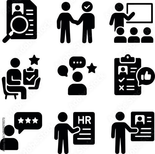 Human resources icon set showing interviews, resume checks, rating system and professional selection process in black style.