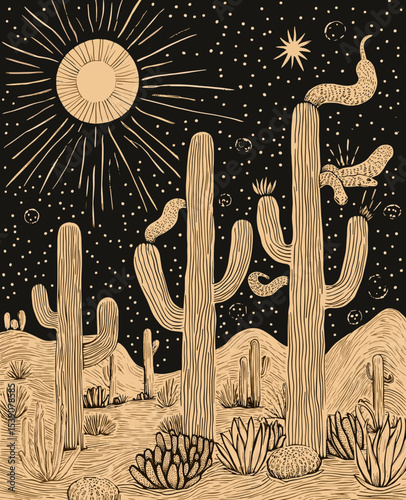 Desert Night Dreamscape: A surreal desert scene at night, with large cacti reaching towards a starry sky, their silhouettes contrasting against the dark canvas, and a celestial sun and moon. 