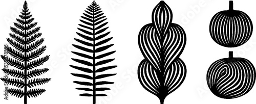 Minimalist black vector set featuring fern leaf, flame motif, and stylized fruit design